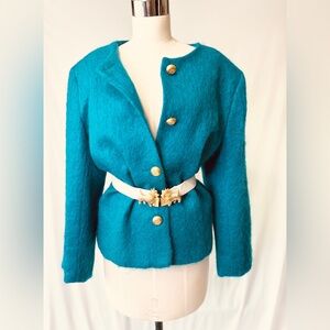 Vintage Harris Wallace teal turquoise mohair coat with gold buttons L‎